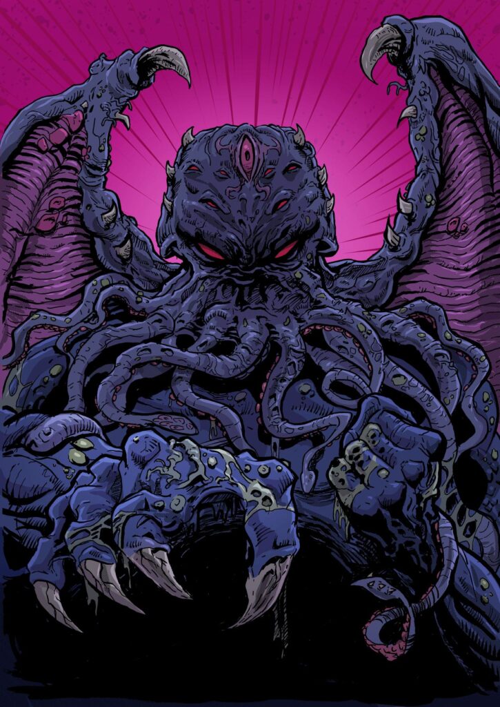 A close-up, colorful comic illustration of Cthulhu's head. The art is in a gritty, old-school outlaw style with heavy inks and black spots, showing the cosmic entity with multiple tentacles and a menacing stare.